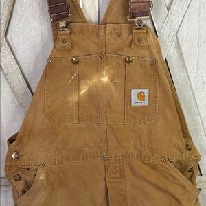Thrashed vintage 80s or 90s carhartt unlined beige double knee duck overall bibs